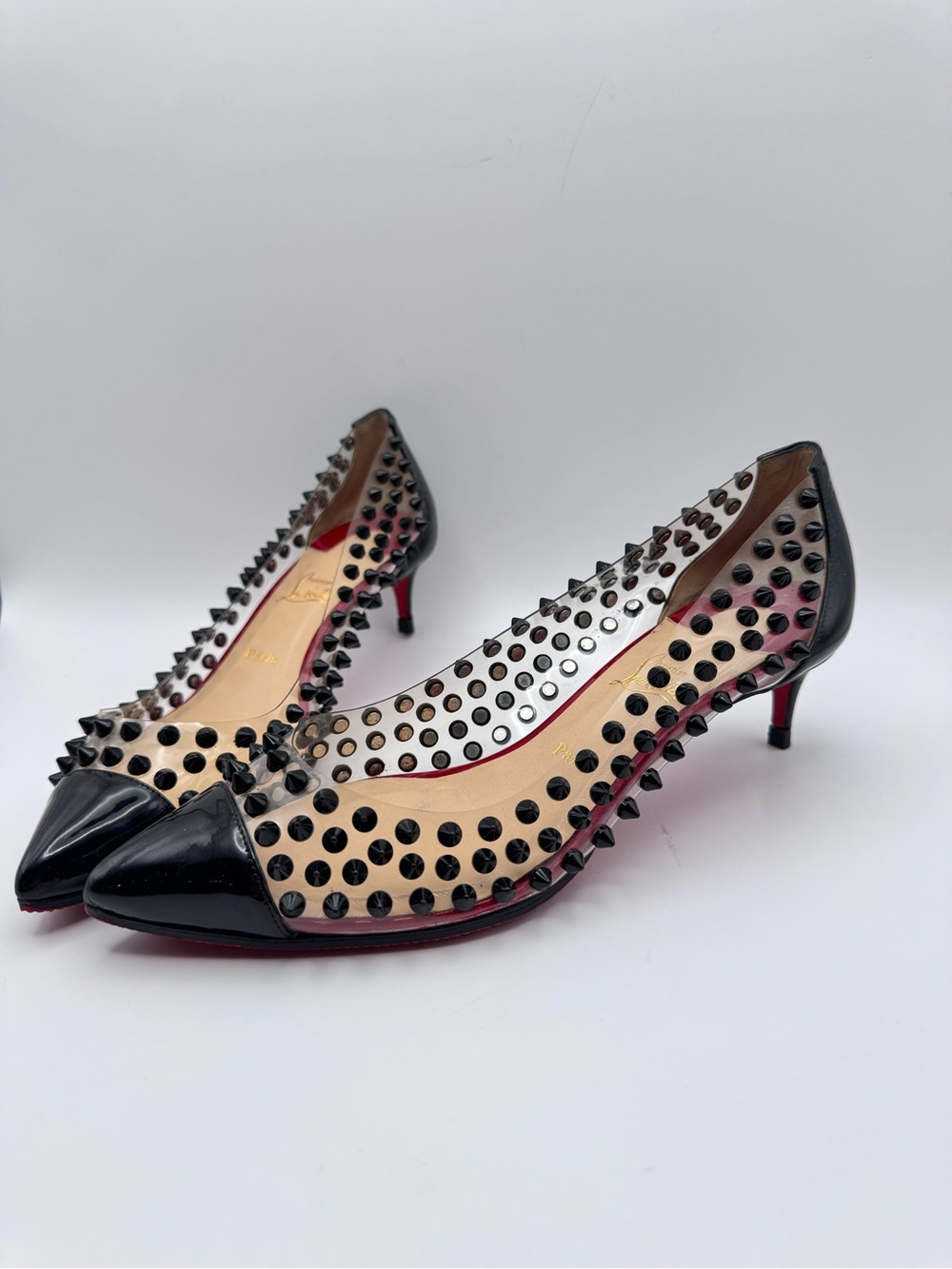 Christian Louboutin Spike Me 45 Black Patent PVC Studded Pumps Size 37
